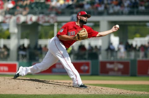 Feb 27, 2017; Fort Myers, FL, USA; Boston Red Sox relief pitcher Robby Scott (63) throws a pitch during the fifth inning against the St. Louis Cardinals at JetBlue Park. Mandatory Credit: Kim Klement-USA TODAY Sports