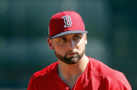 Feb 26, 2017; Port Charlotte, FL, USA; Boston Red Sox first baseman Sam Travis (59) works out prior to the game against the Tampa Bay Rays at Charlotte Sports Park. Mandatory Credit: Kim Klement-USA TODAY Sports