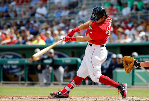 Feb 28, 2017; Fort Myers, FL, USA; Boston Red Sox left fielder Andrew Benintendi (16) singles during the first inning against the New York Yankees at JetBlue Park. Mandatory Credit: Kim Klement-USA TODAY Sports