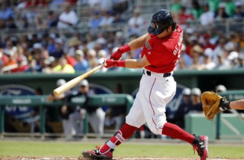 Feb 28, 2017; Fort Myers, FL, USA; Boston Red Sox left fielder Andrew Benintendi (16) singles during the first inning against the New York Yankees at JetBlue Park. Mandatory Credit: Kim Klement-USA TODAY Sports