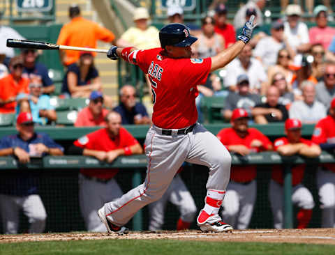 Mar 8, 2016; Sarasota, FL, USA; Baltimore Orioles infielder Allen Craig (5) singles during the second inning against the Baltimore Orioles at Ed Smith Stadium. Mandatory Credit: Kim Klement-USA TODAY Sports