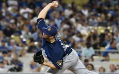 Jun 17, 2016; Los Angeles, CA, USA; Milwaukee Brewers relief pitcher Tyler Thornburg (37) pitches against the Los Angeles Dodgers during the eighth inning at Dodger Stadium. Mandatory Credit: Richard Mackson-USA TODAY Sports