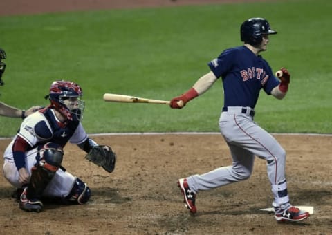 October 6, 2016; Cleveland, OH, USA; Boston Red Sox left fielder Andrew Benintendi (40) hits a single in the ninth inning against the Cleveland Indians during game one of the 2016 ALDS playoff baseball game at Progressive Field. Mandatory Credit: David Richard-USA TODAY Sports