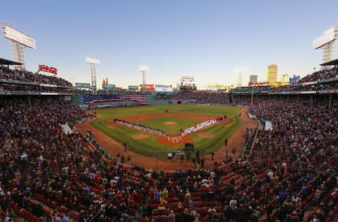 Oct 10, 2016; Boston, MA, USA; A general view of Fenway Park during the national anthem before game three of the 2016 ALDS playoff baseball game between the Boston Red Sox and the Cleveland Indians. Mandatory Credit: Greg M. Cooper-USA TODAY Sports