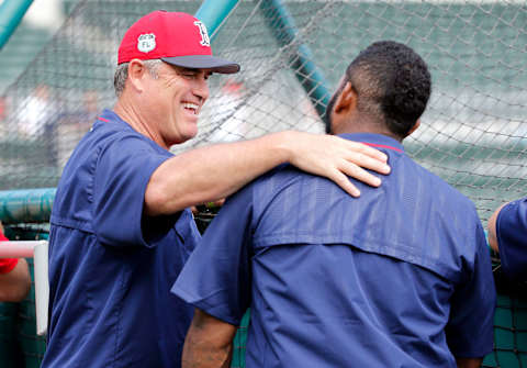 Feb 24, 2017; Fort Myers, FL, USA; Boston Red Sox manager John Farrell (53) and Boston Red Sox third baseman Pablo Sandoval (48) talk prior to their spring training game against the New York Mets at JetBlue Park. Mandatory Credit: Kim Klement-USA TODAY Sports