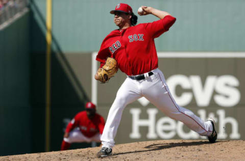 Feb 28, 2017; Fort Myers, FL, USA; Boston Red Sox relief pitcher Edgar Olmos (71) throws a pitch during the fifth inning against the New York Yankees at JetBlue Park. Mandatory Credit: Kim Klement-USA TODAY Sports