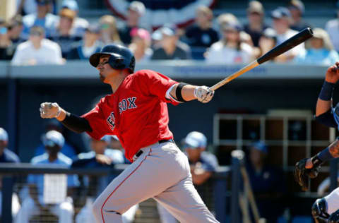 Feb 26, 2017; Port Charlotte, FL, USA; Boston Red Sox left fielder Allen Craig (5) at bat against the Tampa Bay Rays at Charlotte Sports Park. Mandatory Credit: Kim Klement-USA TODAY Sports