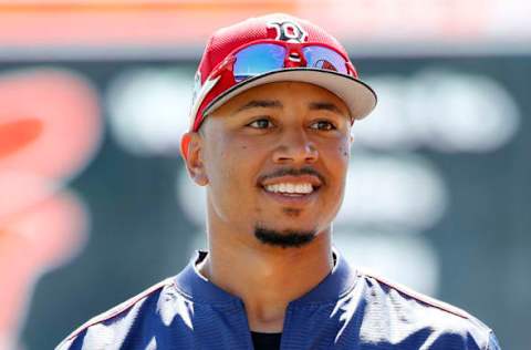 Mar 1, 2017; Sarasota, FL, USA; Boston Red Sox right fielder Mookie Betts (50) works out prior to their spring training game against the Baltimore Orioles at Ed Smith Stadium. Mandatory Credit: Kim Klement-USA TODAY Sports