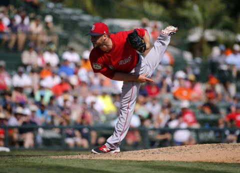 Mar 1, 2017; Sarasota, FL, USA; Boston Red Sox starting pitcher Tyler Thornburg (47) throws a pitch during the third inning against the Baltimore Orioles at Ed Smith Stadium. Mandatory Credit: Kim Klement-USA TODAY Sports