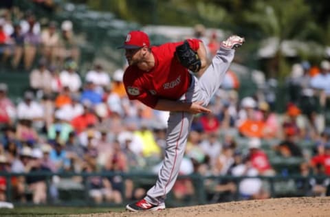 Mar 1, 2017; Sarasota, FL, USA; Boston Red Sox starting pitcher Tyler Thornburg (47) throws a pitch during the third inning against the Baltimore Orioles at Ed Smith Stadium. Mandatory Credit: Kim Klement-USA TODAY Sports