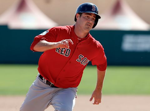 Mar 3, 2017; Lake Buena Vista, FL, USA; Boston Red Sox right fielder Steve Selsky (62) heads for third on a double by Boston Red Sox left fielder Allen Craig (not pictured) during the fourth inning of an MLB spring training baseball game against the Atlanta Braves at Champion Stadium. Mandatory Credit: Reinhold Matay-USA TODAY Sports