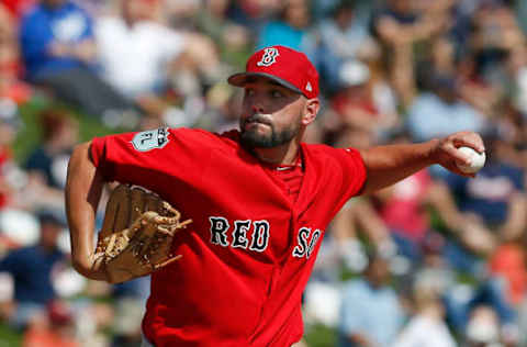 Mar 3, 2017; Lake Buena Vista, FL, USA; Boston Red Sox relief pitcher Robby Scott (63) throws a pitch during the fourth inning of an MLB spring training baseball gameagainst the Atlanta Braves at Champion Stadium. Mandatory Credit: Reinhold Matay-USA TODAY Sports