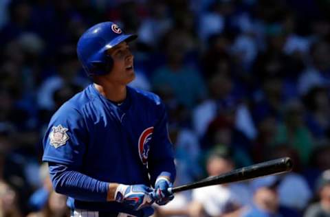 Mar 9, 2017; Mesa, AZ, USA; Chicago Cubs first baseman Anthony Rizzo (44) hits a solo home run against the Seattle Mariners in the first inning during a spring training game at Sloan Park. Mandatory Credit: Rick Scuteri-USA TODAY Sports