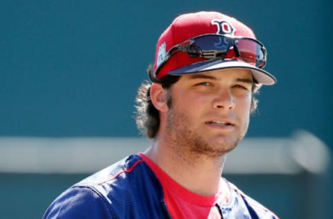 Mar 1, 2017; Sarasota, FL, USA; Boston Red Sox left fielder Andrew Benintendi (16) works out prior to their spring training game at Ed Smith Stadium. Mandatory Credit: Kim Klement-USA TODAY Sports