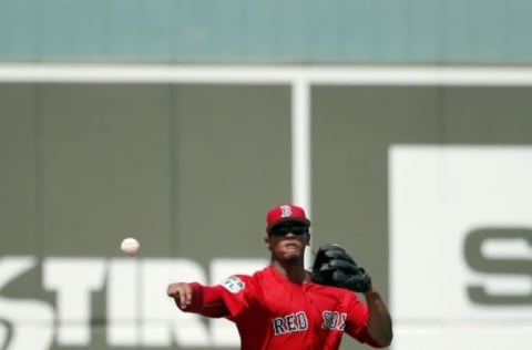 Mar 14, 2017; Fort Myers, FL, USA; Boston Red Sox shortstop Marco Hernandez (40) throws the ball to first base for an out during the fifth inning against the Toronto Blue Jays at JetBlue Park. Mandatory Credit: Kim Klement-USA TODAY Sports