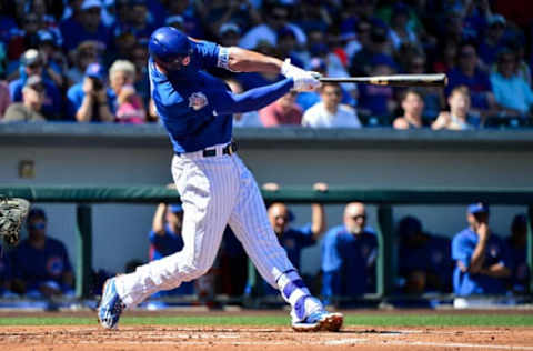 Mar 14, 2017; Mesa, AZ, USA; (EDITORS NOTE: caption correction – Brewers player misidentified in original) Chicago Cubs third baseman Kris Bryant (17) hits a solo home run in the first inning against the Milwaukee Brewers during a spring training game at Sloan Park. Mandatory Credit: Matt Kartozian-USA TODAY Sports