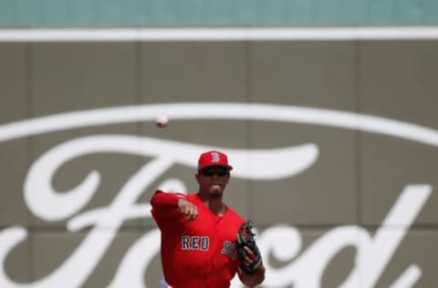 Mar 14, 2017; Fort Myers, FL, USA; Boston Red Sox shortstop Marco Hernandez (40) throws the ball to first base for an out during the first inning against the Toronto Blue Jays at JetBlue Park. Mandatory Credit: Kim Klement-USA TODAY Sports