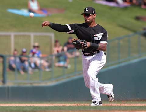 Mar 20, 2017; Phoenix, AZ, USA; Chicago White Sox second baseman Yoan Moncada (10) during a spring training game against the San Francisco Giants at Camelback Ranch. Mandatory Credit: Rick Scuteri-USA TODAY Sports