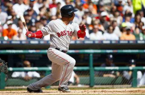 Apr 9, 2017; Detroit, MI, USA; Boston Red Sox second baseman Marco Hernandez (40) hits an RBI single in the second inning against the Detroit Tigers at Comerica Park. Mandatory Credit: Rick Osentoski-USA TODAY Sports