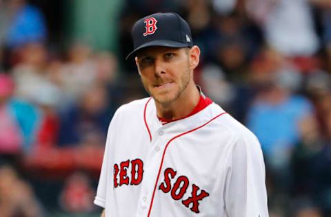 Apr 15, 2017; Boston, MA, USA; Boston Red Sox starting pitcher Chris Sale leaves the mound after striking out Tampa Bay Rays center fielder Kevin Kiermaier to end the seventh inning at Fenway Park. Mandatory Credit: Winslow Townson-USA TODAY Sports