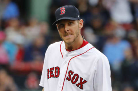 Apr 15, 2017; Boston, MA, USA; Boston Red Sox starting pitcher Chris Sale leaves the mound after striking out Tampa Bay Rays center fielder Kevin Kiermaier to end the seventh inning at Fenway Park. Mandatory Credit: Winslow Townson-USA TODAY Sports