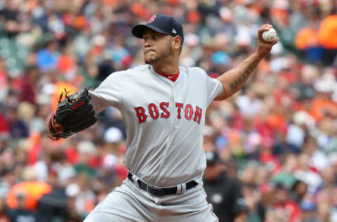 Apr 23, 2017; Baltimore, MD, USA; Boston Red Sox starting pitcher Eduardo Rodriguez (52) throws against the Baltimore Orioles in the first inning at Oriole Park at Camden Yards. Mandatory Credit: Mitch Stringer-USA TODAY Sports