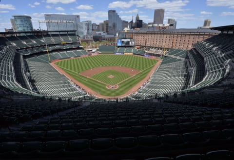 Apr 29, 2015; Baltimore, MD, USA; A general view of the Oriole Park at Camden Yards during the top of the first inning of the game between Chicago White Sox and Baltimore Orioles. Fans are not allowed to attend the game due to the current state of unrest in Baltimore. Mandatory Credit: Tommy Gilligan-USA TODAY Sports