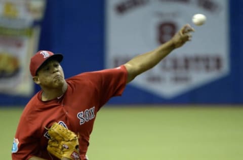 Apr 1, 2016; Montreal, Quebec, CAN; Boston Red Sox pitcher Luis Ysla (50) pitches against the Toronto Blue Jays during the ninth inning at Olympic Stadium. Mandatory Credit: Eric Bolte-USA TODAY Sports