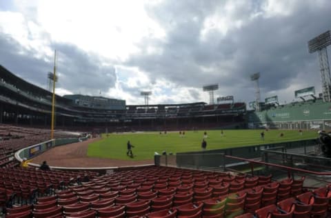 Apr 19, 2016; Boston, MA, USA; General view of Fenway Park while the Boston Red Sox take batting practice prior to a game against the Tampa Bay Rays. Mandatory Credit: Bob DeChiara-USA TODAY Sports