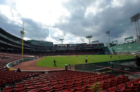 Apr 19, 2016; Boston, MA, USA; General view of Fenway Park while the Boston Red Sox take batting practice prior to a game against the Tampa Bay Rays. Mandatory Credit: Bob DeChiara-USA TODAY Sports