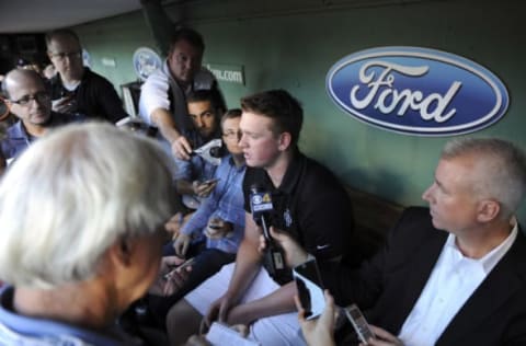 Sep 16, 2016; Boston, MA, USA; Boston Red Sox pitches Jason Groome talks to the media before a game against the New York Yankees at Fenway Park. Mandatory Credit: Bob DeChiara-USA TODAY Sports