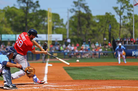 Mar 15, 2017; Port Charlotte, FL, USA; Boston Red Sox first baseman Sam Travis (59) against the Tampa Bay Rays at Charlotte Sports Park. The game ended in a tie 3-3. Mandatory Credit: Aaron Doster-USA TODAY Sports