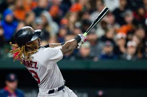 Apr 22, 2017; Baltimore, MD, USA; Boston Red Sox designated hitter Hanley Ramirez (13) bats against the Baltimore Orioles in the third inning during a game at Oriole Park at Camden Yards. Mandatory Credit: Patrick McDermott-USA TODAY Sports