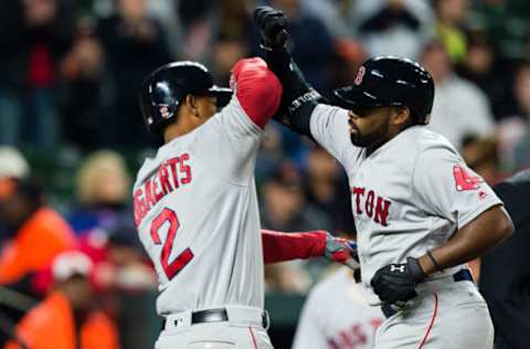 Apr 22, 2017; Baltimore, MD, USA; Boston Red Sox center fielder Jackie Bradley Jr. (19) celebrates with Red Sox shortstop Xander Bogaerts (2) after hitting a two-run home run against the Baltimore Orioles in the third inning during a game at Oriole Park at Camden Yards. Mandatory Credit: Patrick McDermott-USA TODAY Sports