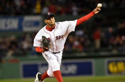 Apr 30, 2017; Boston, MA, USA; Boston Red Sox starting pitcher Eduardo Rodriguez (52) pitches during the first inning against the Chicago Cubs at Fenway Park. Mandatory Credit: Bob DeChiara-USA TODAY Sports