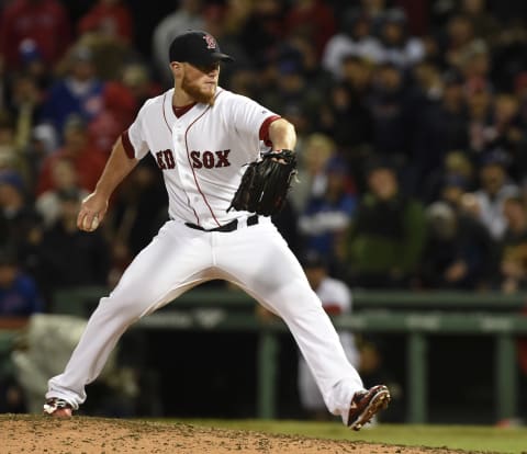 Apr 30, 2017; Boston, MA, USA; Boston Red Sox relief pitcher Craig Kimbrel (46) pitches during the ninth inning against the Chicago Cubs at Fenway Park. Mandatory Credit: Bob DeChiara-USA TODAY Sports