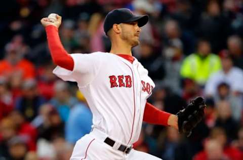 May 1, 2017; Boston, MA, USA; Boston Red Sox starting pitcher Rick Porcello (22) delivers against the Baltimore Orioles during the first inning at Fenway Park. Mandatory Credit: Winslow Townson-USA TODAY Sports