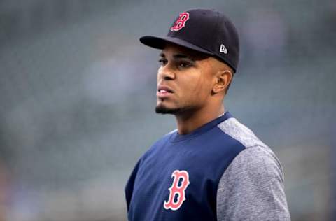 May 5, 2017; Minneapolis, MN, USA; Boston Red Sox shortstop Xander Bogaerts (2) looks on during pre game batting practice before a game against the Minnesota Twins at Target Field. Mandatory Credit: Jesse Johnson-USA TODAY Sports