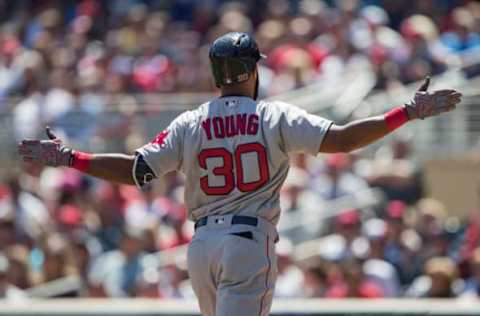 May 6, 2017; Minneapolis, MN, USA; Boston Red Sox left fielder Chris Young (30) celebrates at home plate after hitting a home run in the second inning against the Minnesota Twins at Target Field. Mandatory Credit: Jesse Johnson-USA TODAY Sports