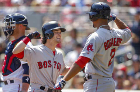 May 7, 2017; Minneapolis, MN, USA; Boston Red Sox center fielder Andrew Benintendi (16) celebrates with shortstop Xander Bogaerts (2) after his two run home run against the Minnesota Twins in the first inning at Target Field. Mandatory Credit: Bruce Kluckhohn-USA TODAY Sports