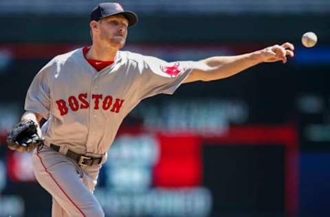 May 7, 2017; Minneapolis, MN, USA; Boston Red Sox starting pitcher Chris Sale (41) pitches to the Minnesota Twins in the first inning at Target Field. Mandatory Credit: Bruce Kluckhohn-USA TODAY Sports