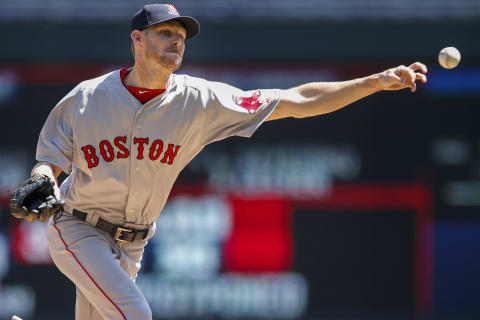 May 7, 2017; Minneapolis, MN, USA; Boston Red Sox starting pitcher Chris Sale (41) pitches to the Minnesota Twins in the first inning at Target Field. Mandatory Credit: Bruce Kluckhohn-USA TODAY Sports