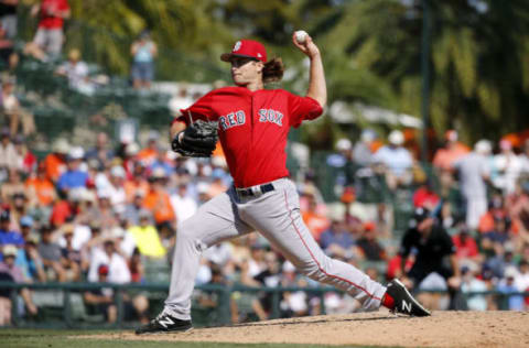 Mar 1, 2017; Sarasota, FL, USA; Boston Red Sox pitcher Jalen Beeks (52) throws a pitch during the third inning against the Baltimore Orioles at Ed Smith Stadium. Mandatory Credit: Kim Klement-USA TODAY Sports