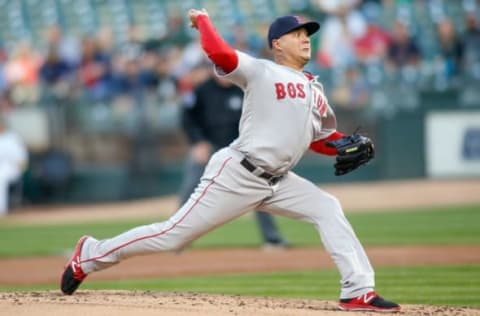 May 18, 2017; Oakland, CA, USA; Boston Red Sox pitcher Hector Velazquez (76) pitches against the Oakland Athletics during the first inning at Oakland Coliseum. Mandatory Credit: Stan Szeto-USA TODAY Sports