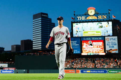 Jun 2, 2017; Baltimore, MD, USA; Boston Red Sox starting pitcher Rick Porcello (22) walks back to the dugout after the fifth inning during a game against the Baltimore Orioles at Oriole Park at Camden Yards. Mandatory Credit: Patrick McDermott-USA TODAY Sports