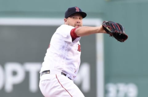 Jun 9, 2017; Boston, MA, USA; Boston Red Sox starting pitcher Brian Johnson (61) pitches during the first inning against the Detroit Tigers at Fenway Park. Mandatory Credit: Bob DeChiara-USA TODAY Sports