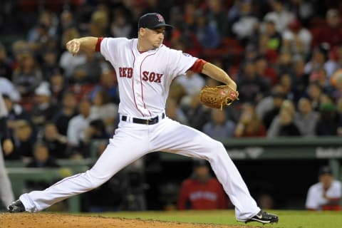 Sep 15, 2013; Boston, MA, USA; Boston Red Sox relief pitcher Allen Webster (64) pitches during the ninth inning against the New York Yankees at Fenway Park. Mandatory Credit: Bob DeChiara-USA TODAY Sports