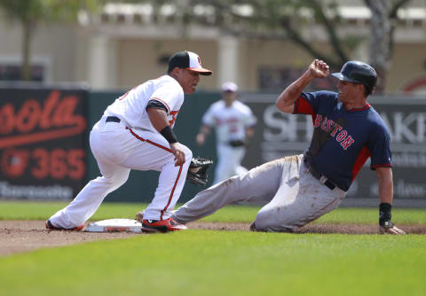 Mar 7, 2015; Sarasota, FL, USA; Boston Red Sox third baseman Garin Cecchini (70) steals second base as Baltimore Orioles second baseman Everth Cabrera (1) attempted to tag him out during the first inning at a spring training baseball game at Ed Smith Stadium. Mandatory Credit: Kim Klement-USA TODAY Sports