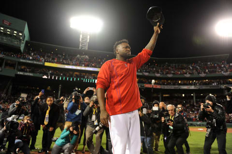 Oct 10, 2016; Boston, MA, USA; Boston Red Sox designated hitter David Ortiz (34) salutes the fans after the loss against the Cleveland Indians in game three of the 2016 ALDS playoff baseball series at Fenway Park. Mandatory Credit: Bob DeChiara-USA TODAY Sports