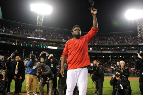 Oct 10, 2016; Boston, MA, USA; Boston Red Sox designated hitter David Ortiz (34) salutes the fans after the loss against the Cleveland Indians in game three of the 2016 ALDS playoff baseball series at Fenway Park. Mandatory Credit: Bob DeChiara-USA TODAY Sports